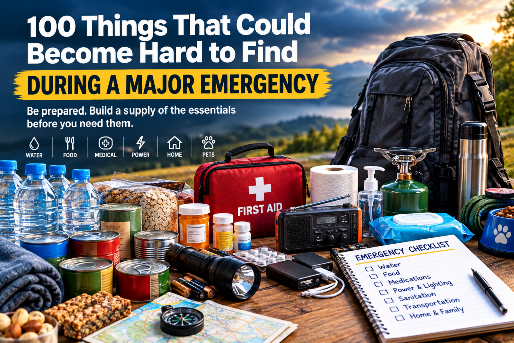 During a major emergency, supplies that may become difficult to find include drinking water, water-storage containers, shelf-stable food, prescription medications, batteries, flashlights, generators, fuel, sanitation products, infant supplies, pet food, medical supplies and basic household repair items. The exact shortages depend on the type, location and duration of the emergency.